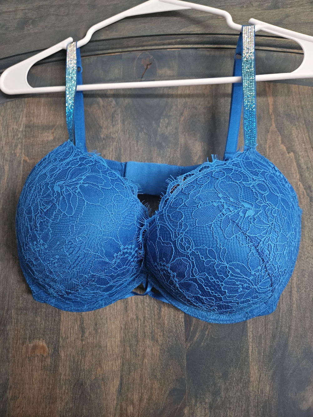Victoria's Secret Teal Blue Lace Underwire Bra with Rhinestone Straps